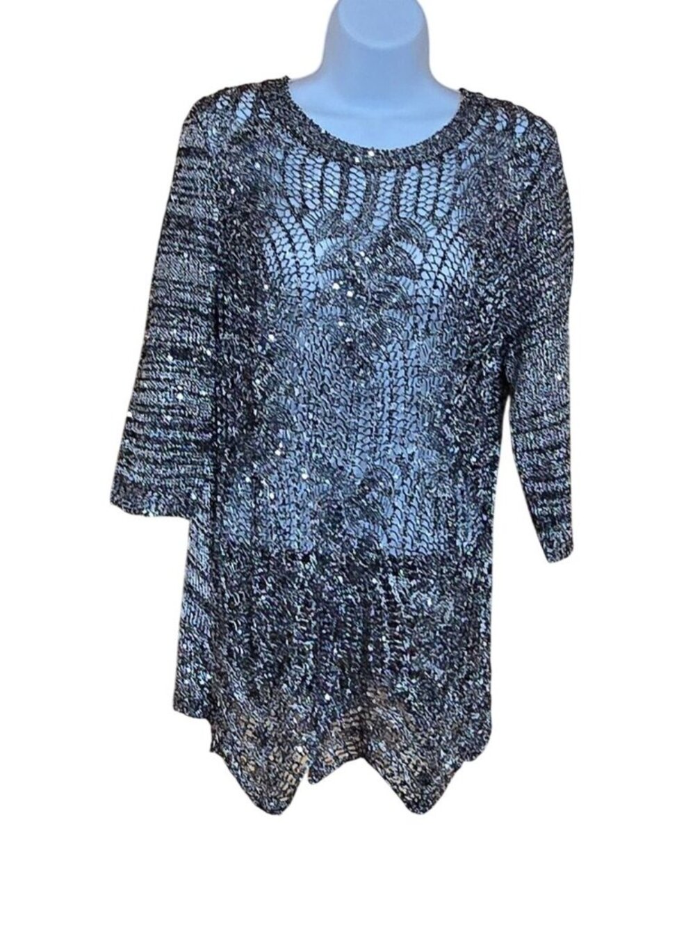 Black Metallic open bling glam Knit Top Scalloped Hem Sequins whimsygoth
